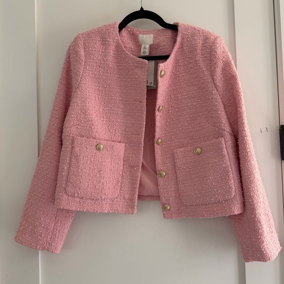 NWT / H&M Boucle Lady Jacket with Gold Buttons in Pink Tweed - Picture 1 of 5